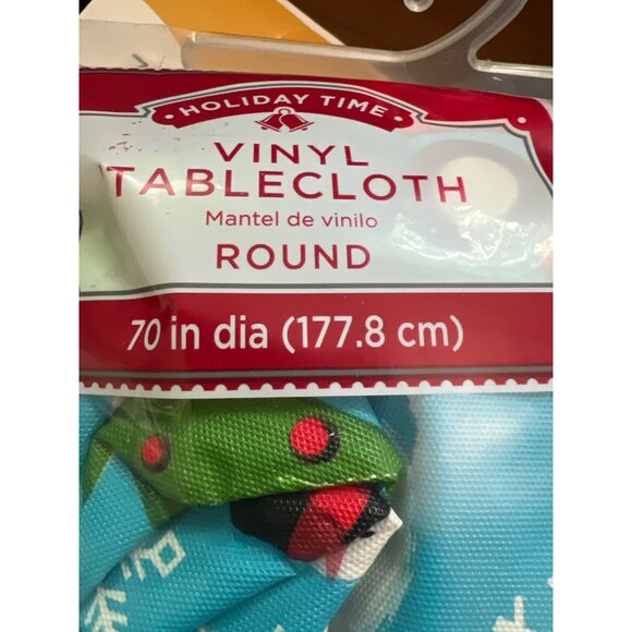 Christmas Vinyl Tablecloth Round 70" Diameter Frosty Snowman & Truck Holiday - Picture 3 of 4